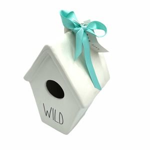 Rae Dunn "Wild" Birdhouse Ceramic Cream with Blue Ribbon